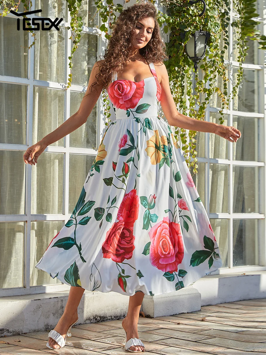 

Yesexy Summer Midi Floral Rose Print Boho Cami Crisscross Sleeveless Dress Women Elegant Casual Sexy Long Dresses