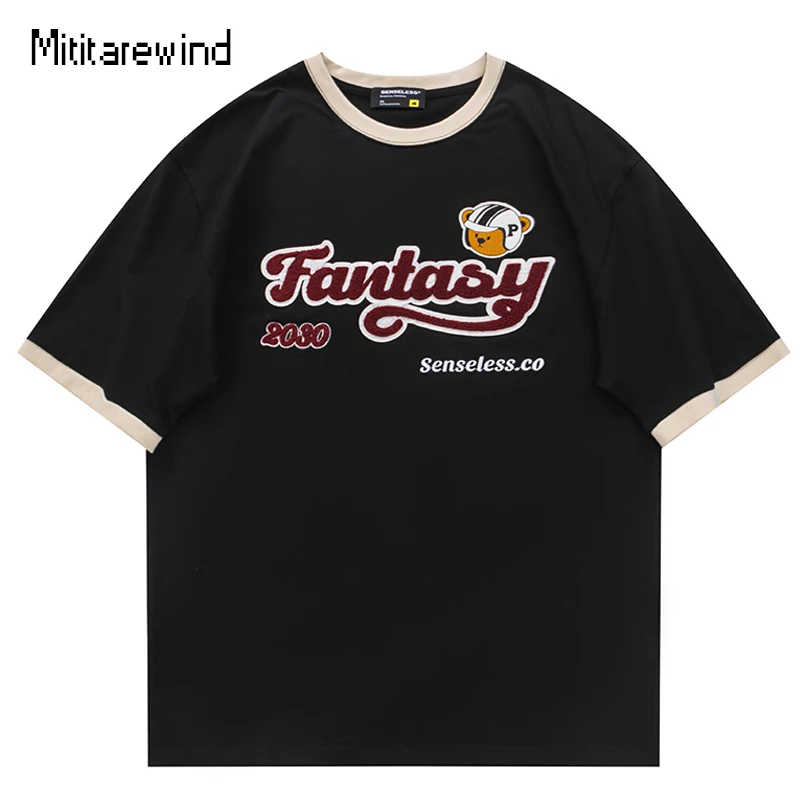 

Футболка мужская оверсайз в американском стиле, Повседневная Уличная одежда в стиле хип-хоп с вышивкой и надписью медведя из мультфильма, т...