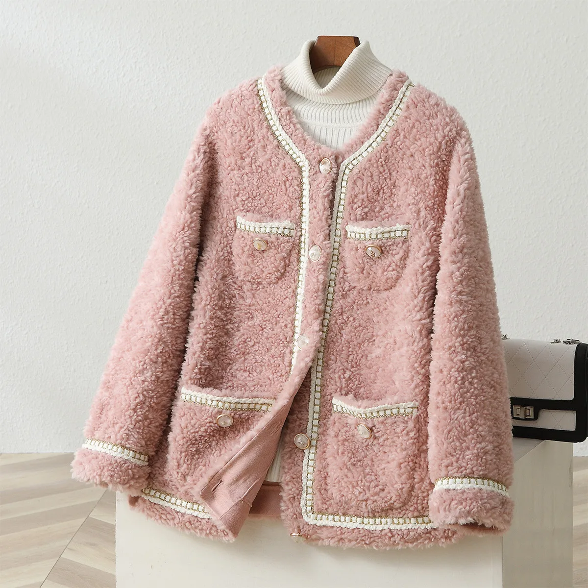 

Winter Wool Collar Round Neck Waistless Real Fur Long Sleeve Wool Pink Temperament Commuter Women Double-faced Coat