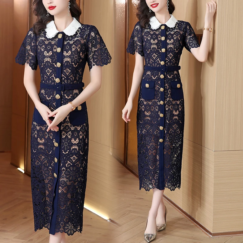 Новинка лета 2023 синее шелковое платье с вышивкой Женские французские длинные