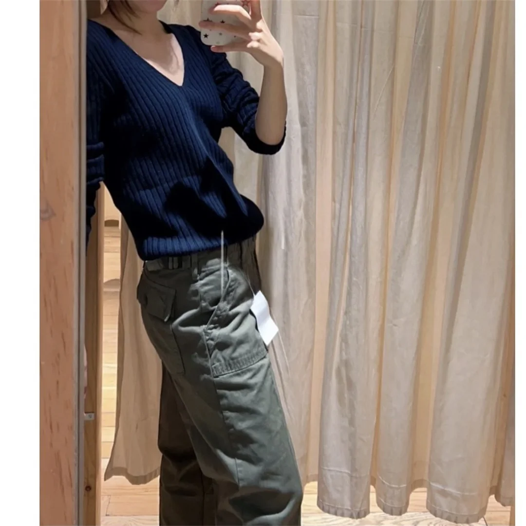 BM Темно-синий вязаный топ с v-образным вырезом в полоску и длинными рукавами