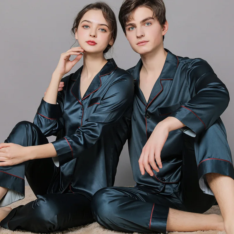 2022New Spring and Autumn Silk Pair Pajamas Women's Autumn Ice Silk Men's Pajamas Home Clothes Long Sleeves Large Size Suit
