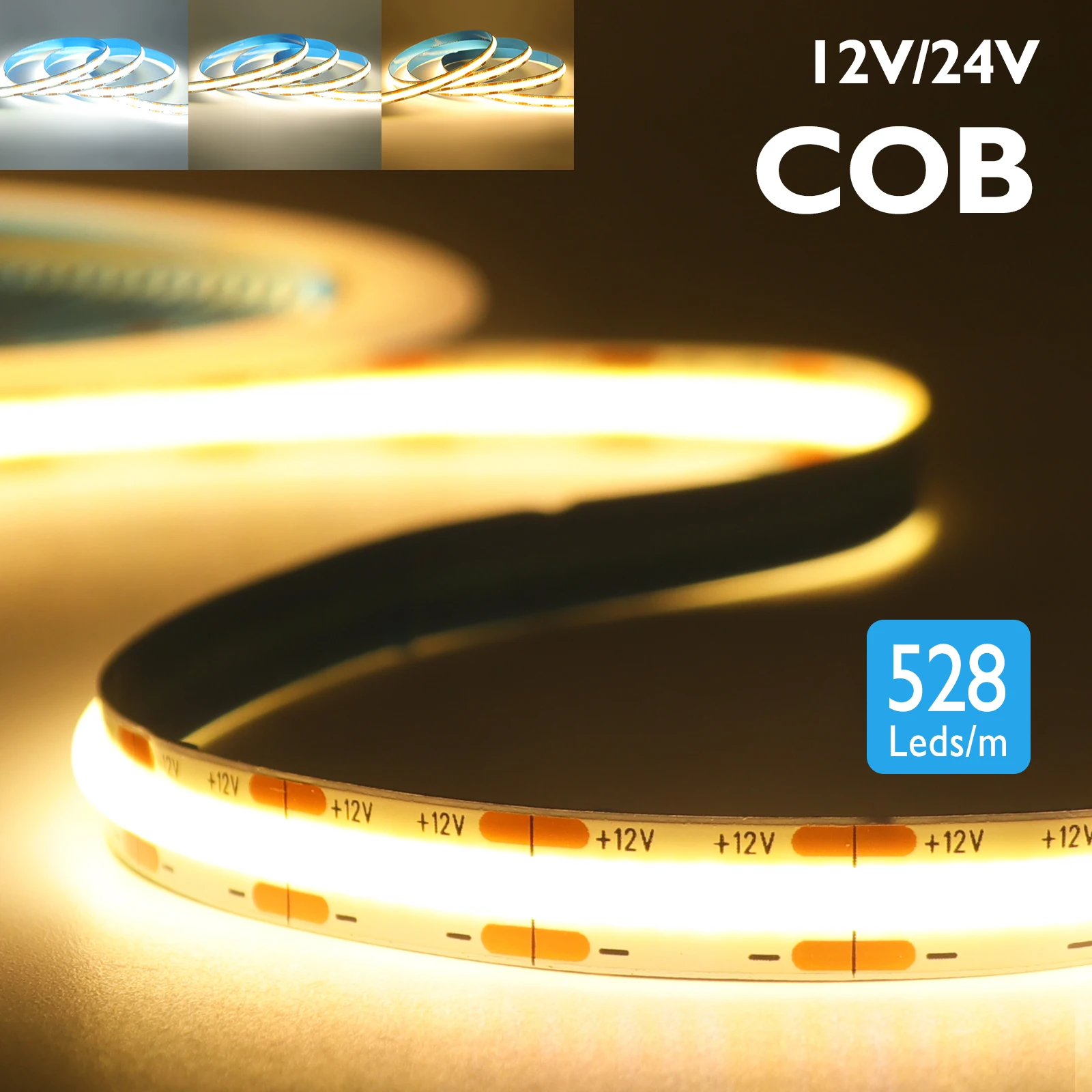 Фото DC12 24 В COB Светодиодная лента 528 светодиодов/м Гибкая лента Лента Линейное освещение высокой плотности 3000-6500K RA90 Светодиодные фонари Декор комнаты №1