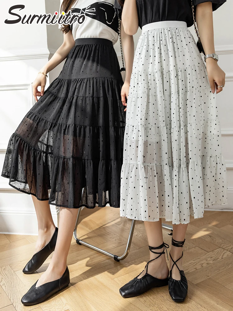 

SURMIITRO 2022 Summer Korean Fashion Black White Dots Flocking Chiffon Women Midi Long High Waist A Line Pleated Skirt Female