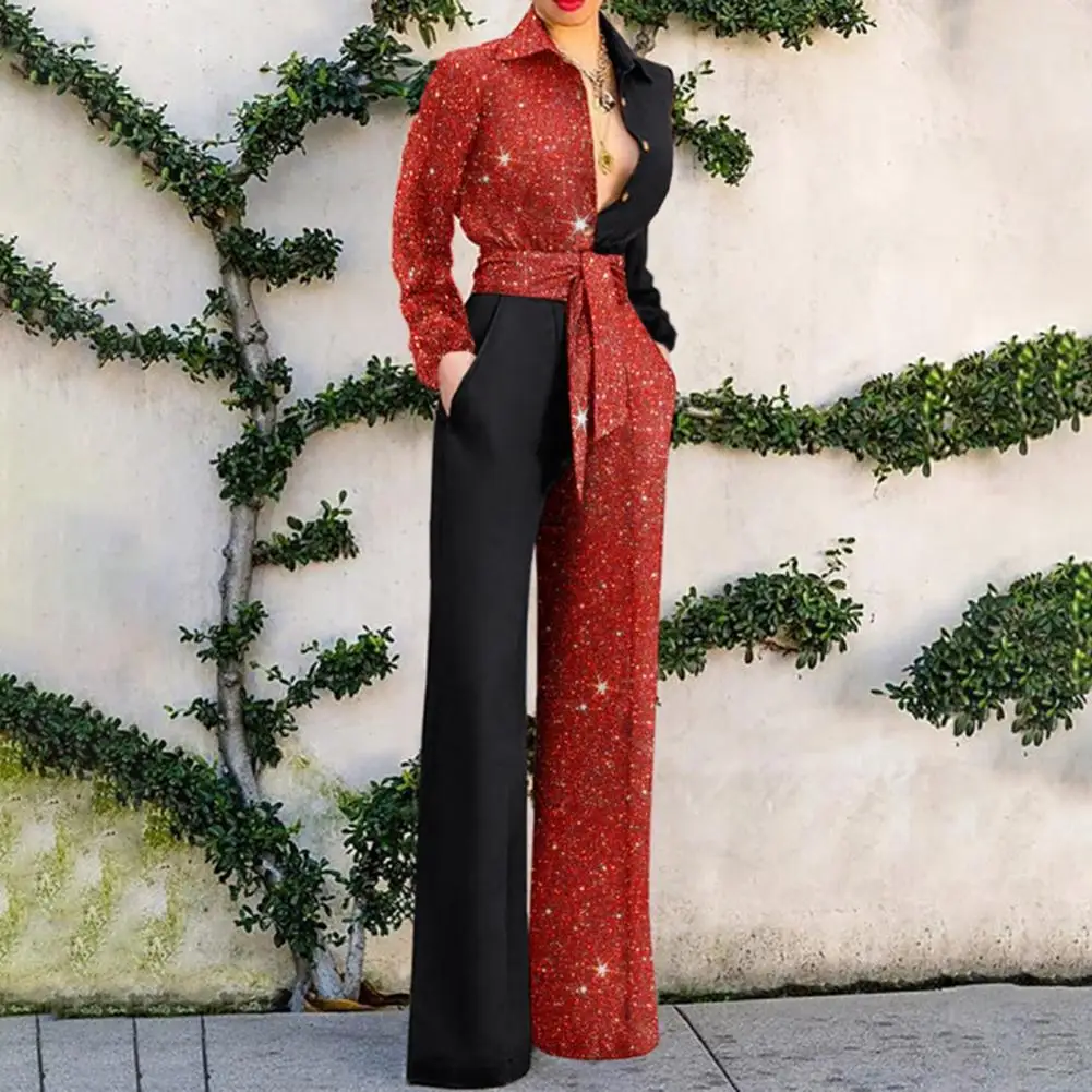 Turn-Down Collar Long Sleeve Wide Leg Women Jumpsuit Shiny Patchwork Color Belt Pockets Jumpsuit Romper Overalls for Office