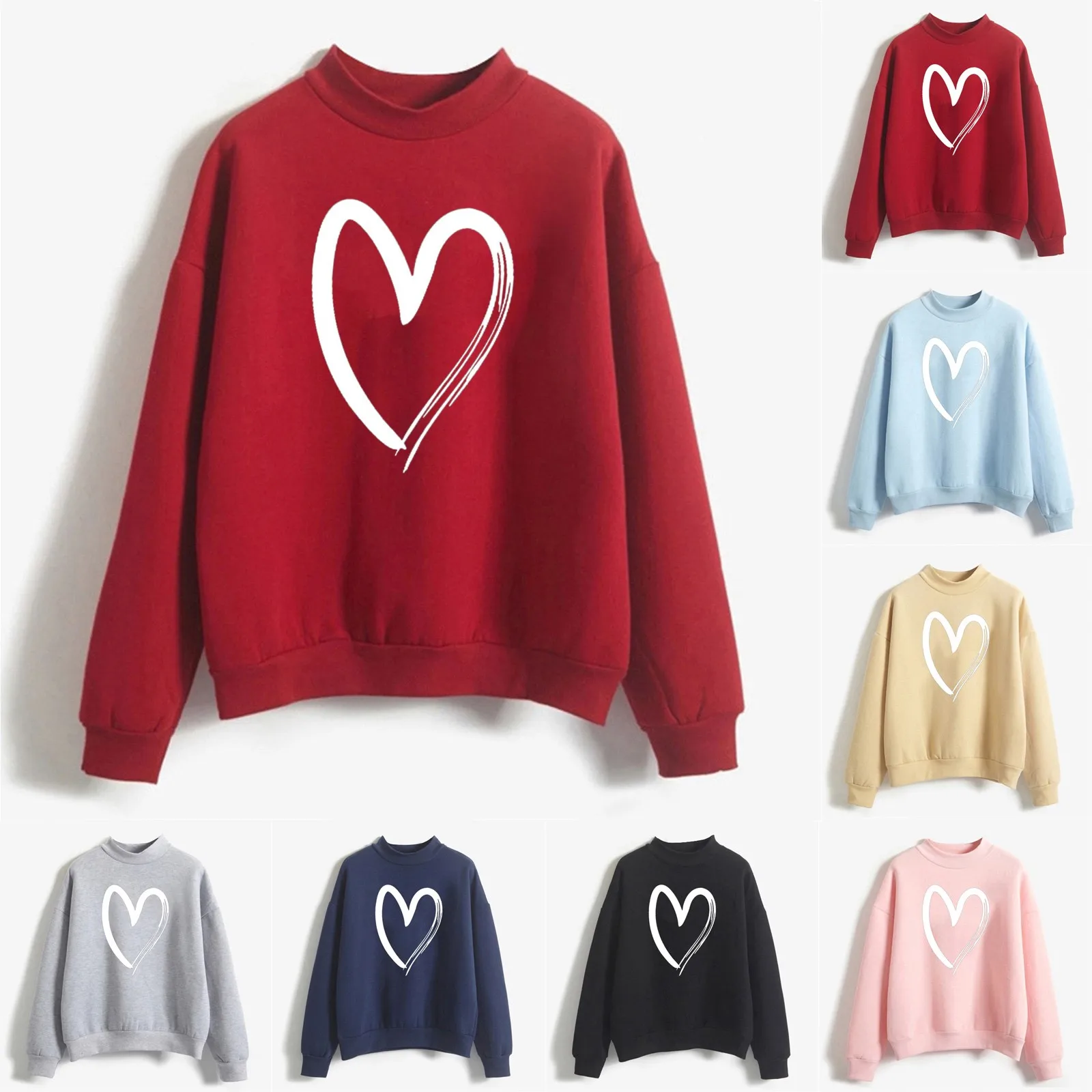

Женская модная теплая толстовка, повседневные Мягкие Топы с длинным рукавом, круглым вырезом и принтом сердечек, для женщин, легкий свитер д...