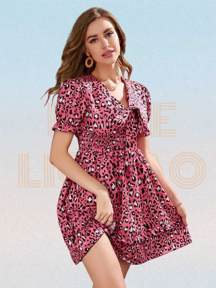 

Leopard Lantern Sleeve Shirred Ruffle Hem Dress Summer Streetwear V-neck Front Bow A Line Mini Dress Women Robe Femme