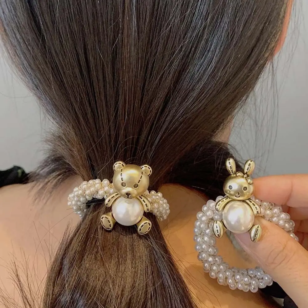 

1PC Pearl Elastic Hair Bands Ties For Women Girls Sweet Alloy Bear Hair Ropes Fashion Rubber Band Hair Accessories