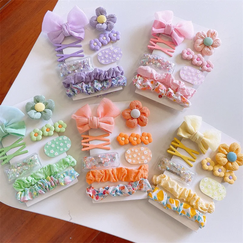 

8-pcs Set of Spring Lady Cloth Bow Cartoon Floral Intestine Circle Combination Hair Clip for Children Girl Hair Accessories