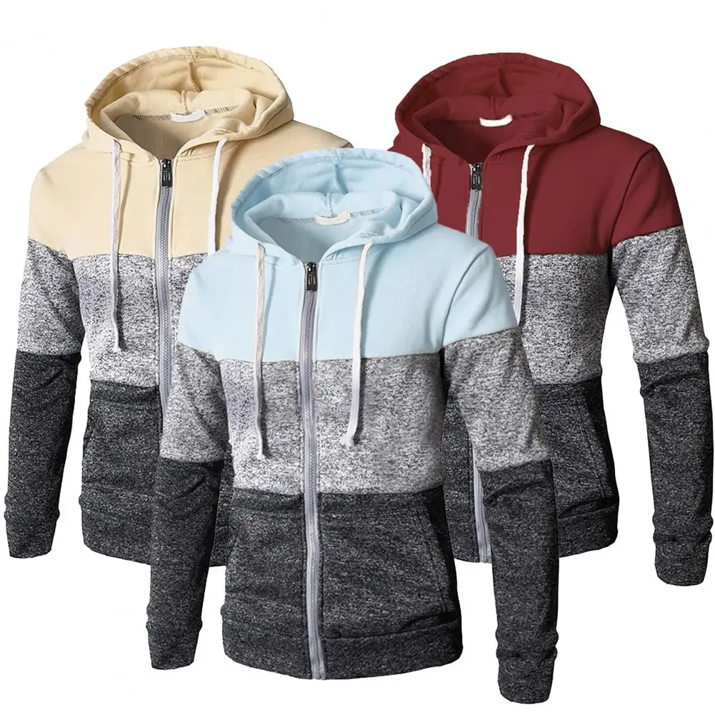 

Men Hoody Sweatercoat Contrast Color Long Sleeve Elastic Band Men Zip Up Casual Elastic Sweater for Jogger Male Clothing
