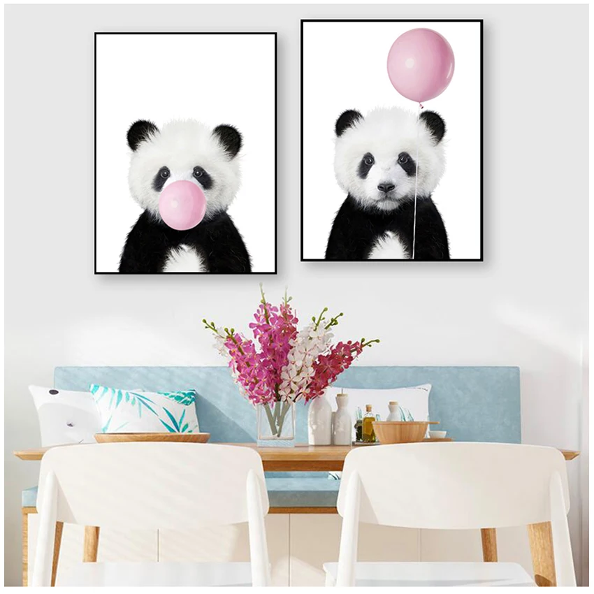 

Cute Pink Balloon Baby Shower Gift Canvas Painting Baby Panda Print Animal with Bubble Gum Poster Wall Art Picture Decor Anime