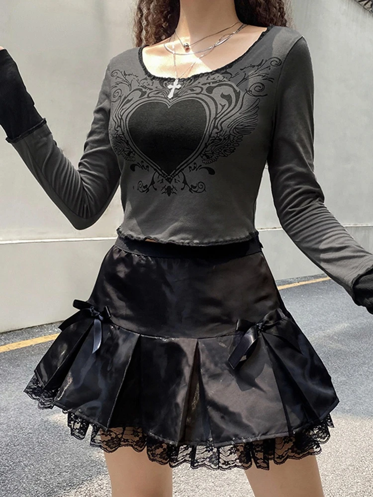 

dinboa- 2022 Retro Fashion Heart Printed Autumn T-Shirts for Women Crop Top Dark Academia Gothic Clothes Aesthetic T Shirt
