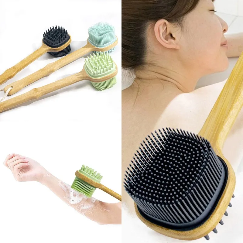 

Silicone Brush Head Back Scrubber Shower Brush With Long Wooden Handle Dry Skin Exfoliating Body Massage Cleaning Tool