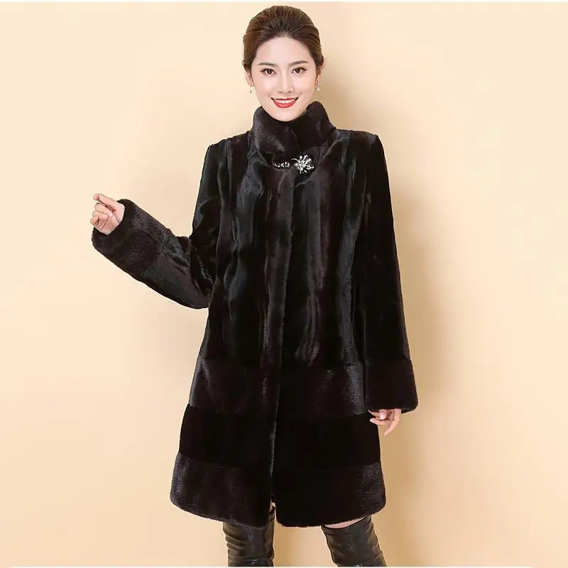 Abrigo de piel sintética para mujer, Chaqueta larga de visón negro Natural, ropa Vintage suave y cálida, 6XL, T92, invierno, 2022