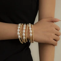 simple style imitation pearl suit bracelet cool style geometric round bead splicing metal bracelet
