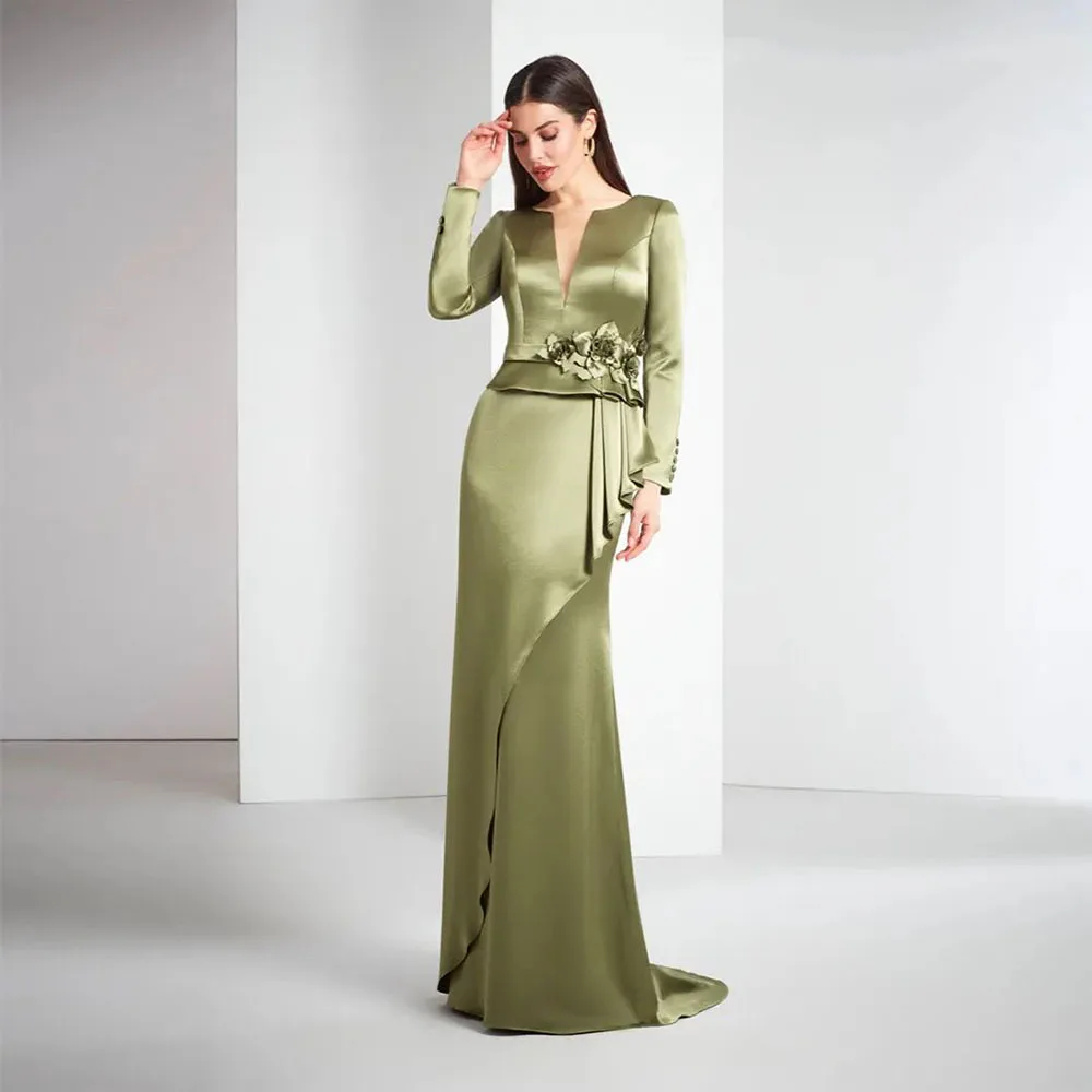 

Newest Olive Green Mermaid Prom Dresses V Neck Long Sleeves 3D Flowers Long Satin Floor Length Evening Party Celebrity Gowns