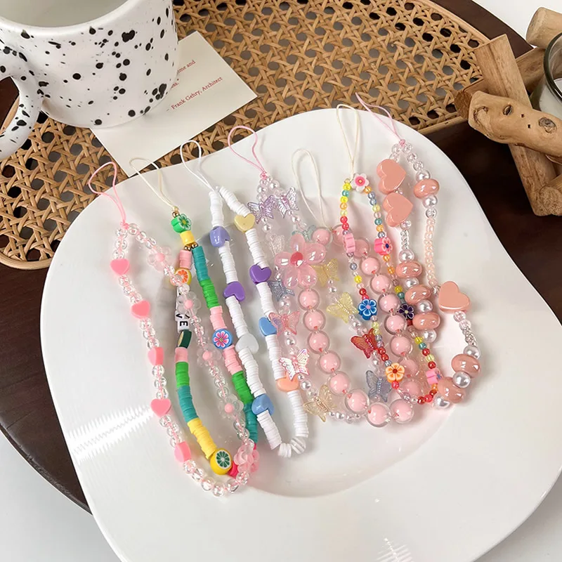 

Fashion Star Same Style Candy Color Flower Women's Wrist Strap Korean Pearl Beaded Mobile Phone Chain Jewelry Accessories