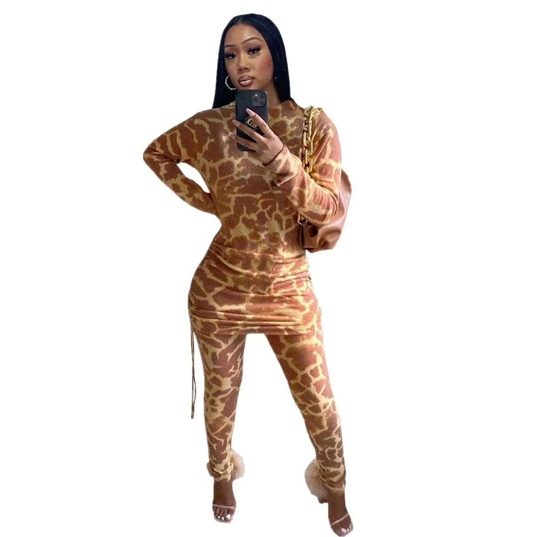

Women's Fashion Leopard Print Stitching Long-sleeved Hip High-waist Dress + Trousers Suits