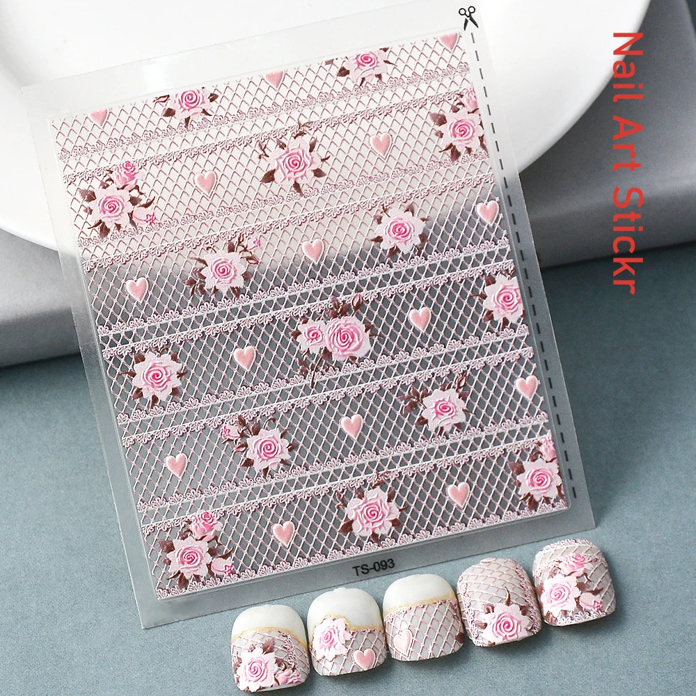 

Pink Roses Series Nail Art Sticker 5D Lace Heart Hollow Pattern Relief Carving Design Ultrathin Decor Slider Manicure Decals Hot