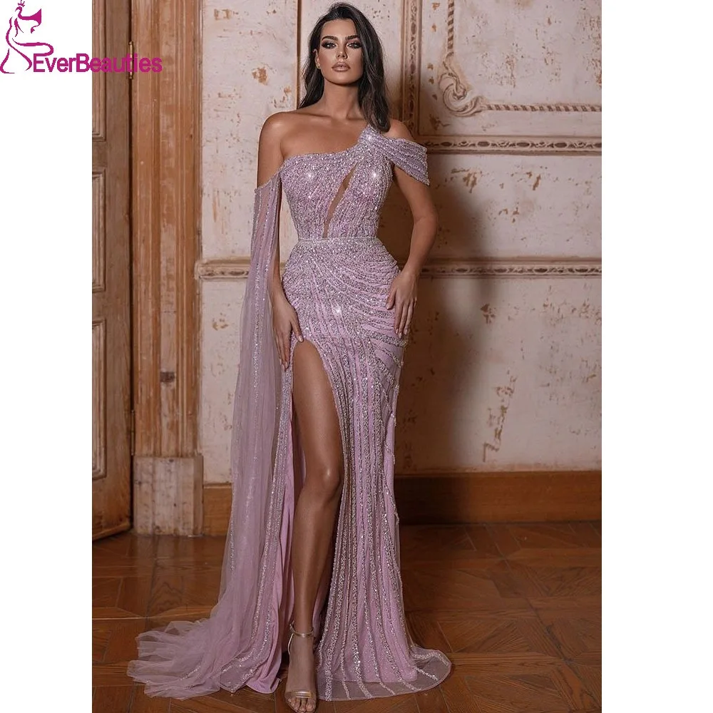 

Luxury Dubai Evening Dresses with Cape Saudi Arabia Mermaid Prom Party Gowns Side Slit Tulle Prom Dress Beaded Formal Dress