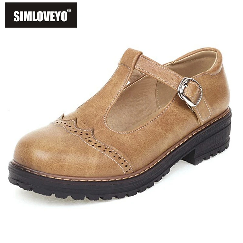 

SIMLOVEYO 2022 новые женские туфли-лодочки с круглым носком на толстом каблуке с пряжкой T-образный ремешок Большой размер 34-43 однотонные черные бе...