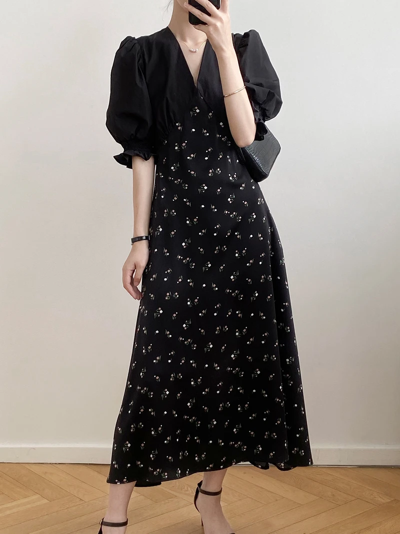 

Summer Fashion Sweet Elegant Contrast Color Florals Short Puff Sleeve V-neck Chic Midi Dresses Women Ladies A-line Long Dress