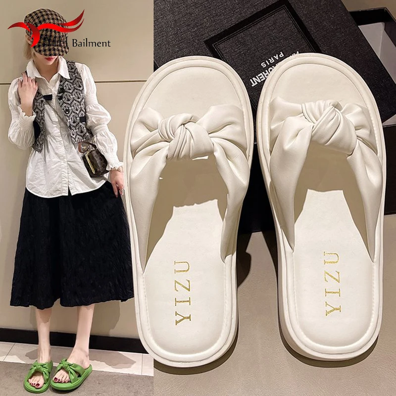 2023 Summer New Fashion Open Toe Bowknot Slippers Women Indoor Outdoor Flip Flops Beach Shoe Home Non-slip Slippers Flip Flops
