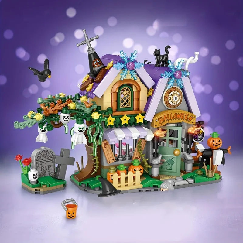 

1233 Halloween Cabin Halloween Gift Children's Assembly Building Living Room Decoration Strange Halloween Mini Building Set