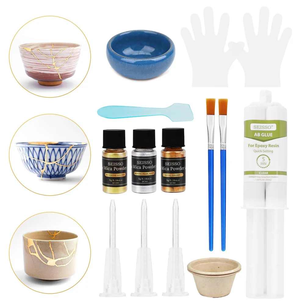

Ремонтный комплект SEISSO Kintsugi, керамический ремонтный комплект с золотым порошком, серебряный порошок, эпоксидная смола, клей для восстановления сломанной керамики