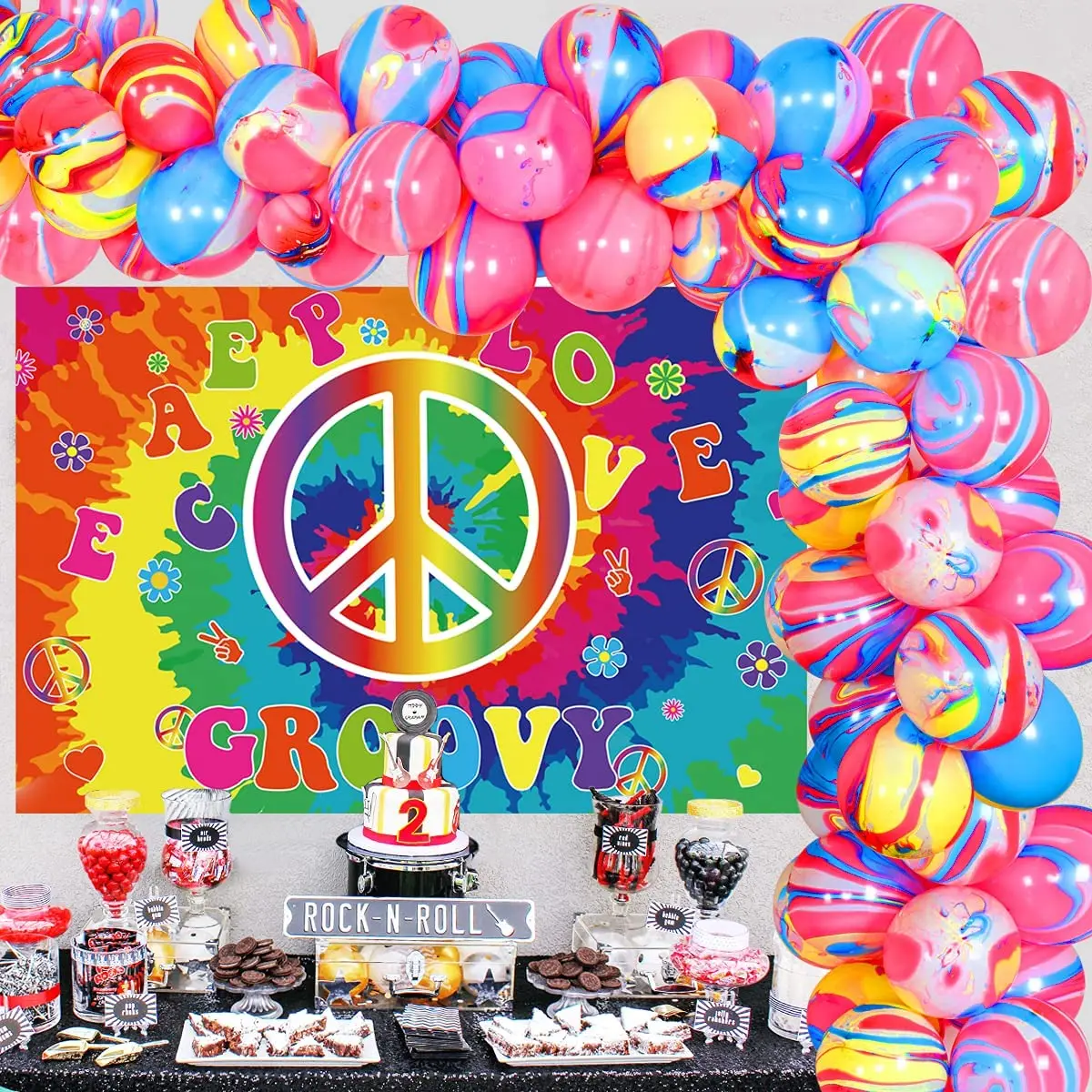 

60's Hippie Theme Party Decorations 1960s Groovy Photo Backdrop Tie Dye Balloons Garland Kit for Retro 60s Peace and Love Party