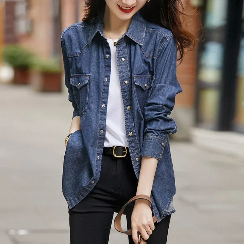 Женская винтажная джинсовая рубашка с внутренним слоем миниатюрный базовый топ