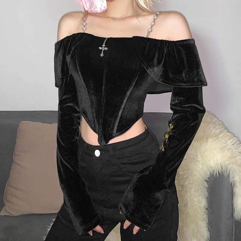 

Goth Dark Velvet Mall Gothic Sexy Off Shoulder T Shirts Grunge Elegant Long Sleeve Women Cropped Tops Backless Alt Strap Blouses