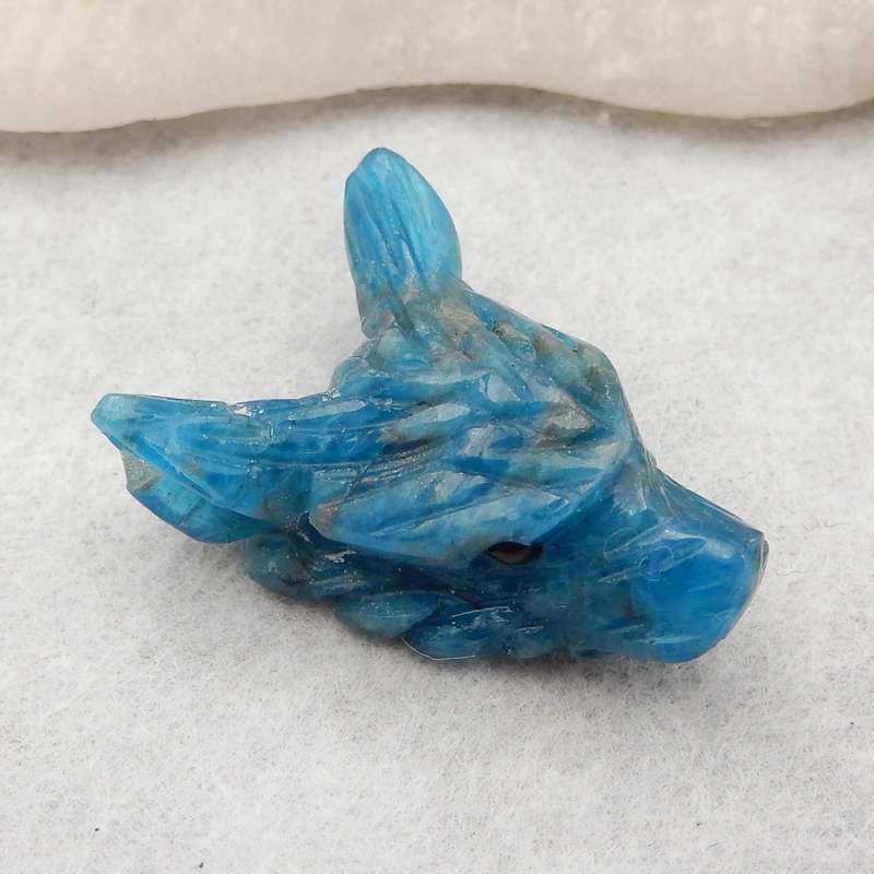 

Natural Carved Blue Apatite Crystal Wolf Head little Charms Pendant Bead 24x17x9mm4.7g