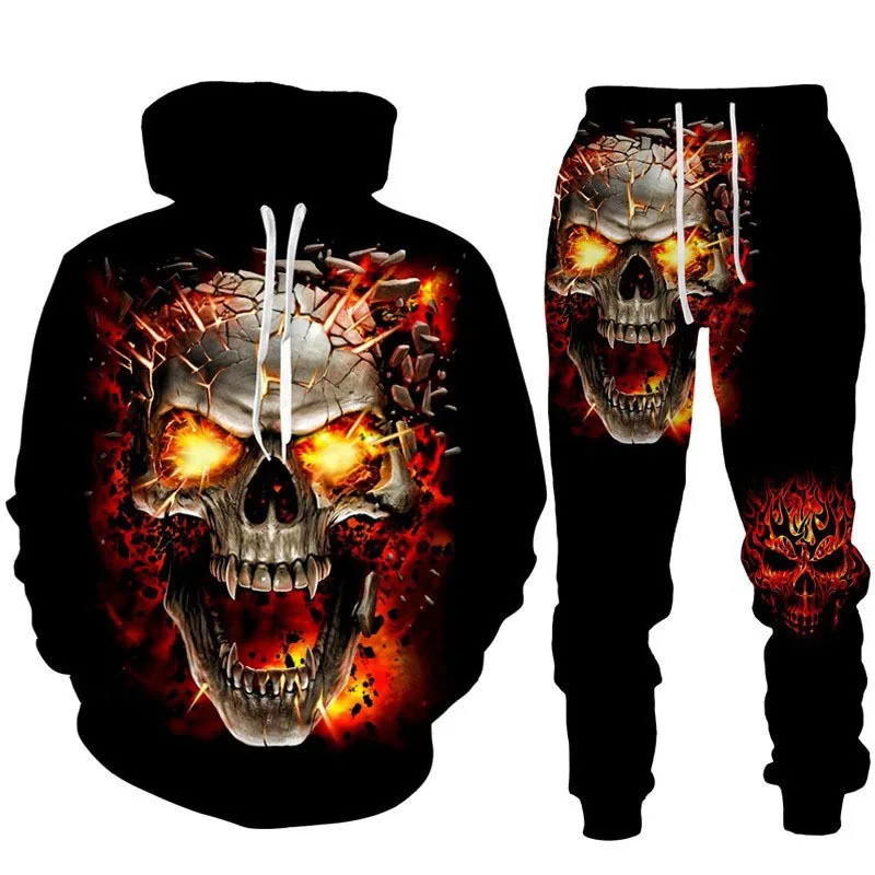 

Horror Skulls 3D Print Men's Hooded Pullover + Sweatpants Sports Casual Jogger Sportswear 2 Piece Male Fleece Streetwear Sets