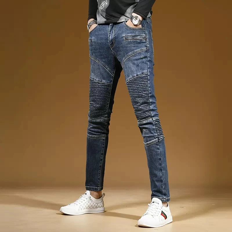 Autumn Blue Patchwork Jeans Men Streetwear Biker Slim Fit Pencil Pants Fashion Casual Stretch Denim Trousers
