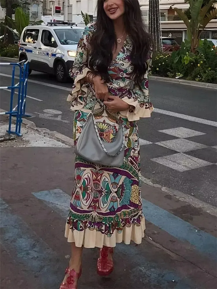 

Платье Летнее Длинное с оборками и длинным рукавом, в стиле бохо