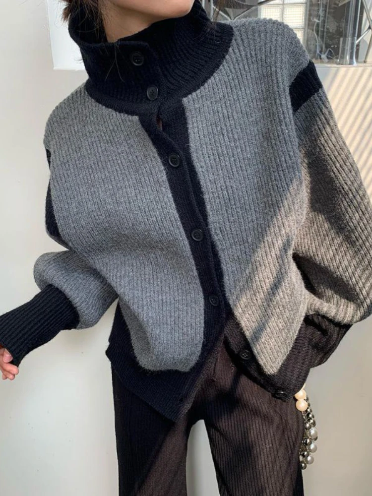 

Fashion High Neck Color Patchwork Oversize Knitted Sweater Women 2022 Autumn Winter Casual Button Cardigan Coats Ladies Sweaters