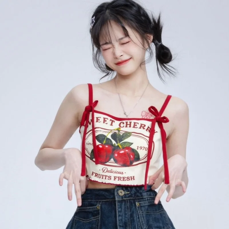 

Sweet Cute Y2k Streetwear Letter Cherry Print Red Tanks Bandage Crop Tops Camis Summer Hotsweet Women Slim Fit