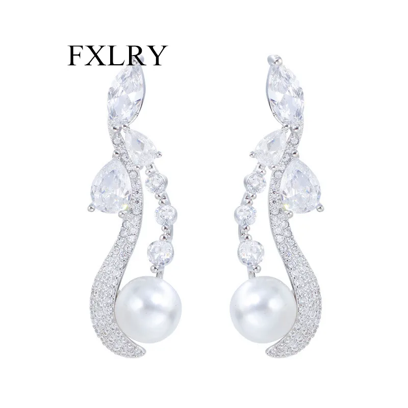 

FXLRY Elegant Cubic Zirconia Paved Symmetrical Dangle Drop Long Pearl Earrings For Wedding Women Party Jewelry