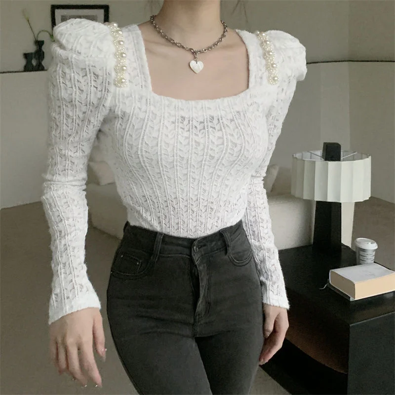 

New 2022 Summer Women Lace Blouse Fashion Casual Long Sleeved Square Collar Beading Hollow Out Shirt Tops Women Clothing