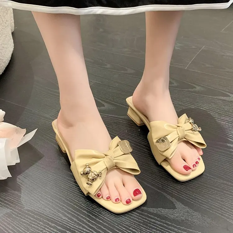 

Женские шлепанцы с бантом, простые удобные шлепанцы с квадратным носком и плоской подошвой, лето 2023