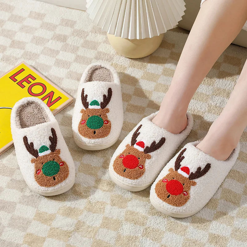 

Women Winter Fluffy Fur Slippers Plush Fleece Flat Christmas Elk Cotton Slippers Indoor Slippers for Couple Cartoon Cotton Shoes