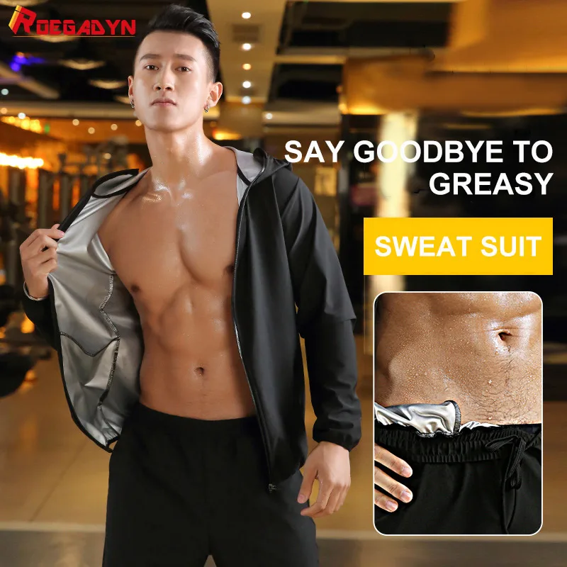 

Мужской тренировочный костюм-сауна ROEGADYN, толстовка с капюшоном для фитнеса, Высокоэластичный костюм-сауна, спортивная одежда для спортзала...