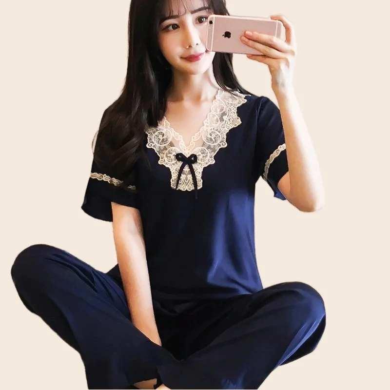Womens Pajama Sets Night Wears Silk Rayon Pajamas Cozy Soft Pijamas Fashion Lace Print Big Size 2Piece/Set Luxury Home Clothes