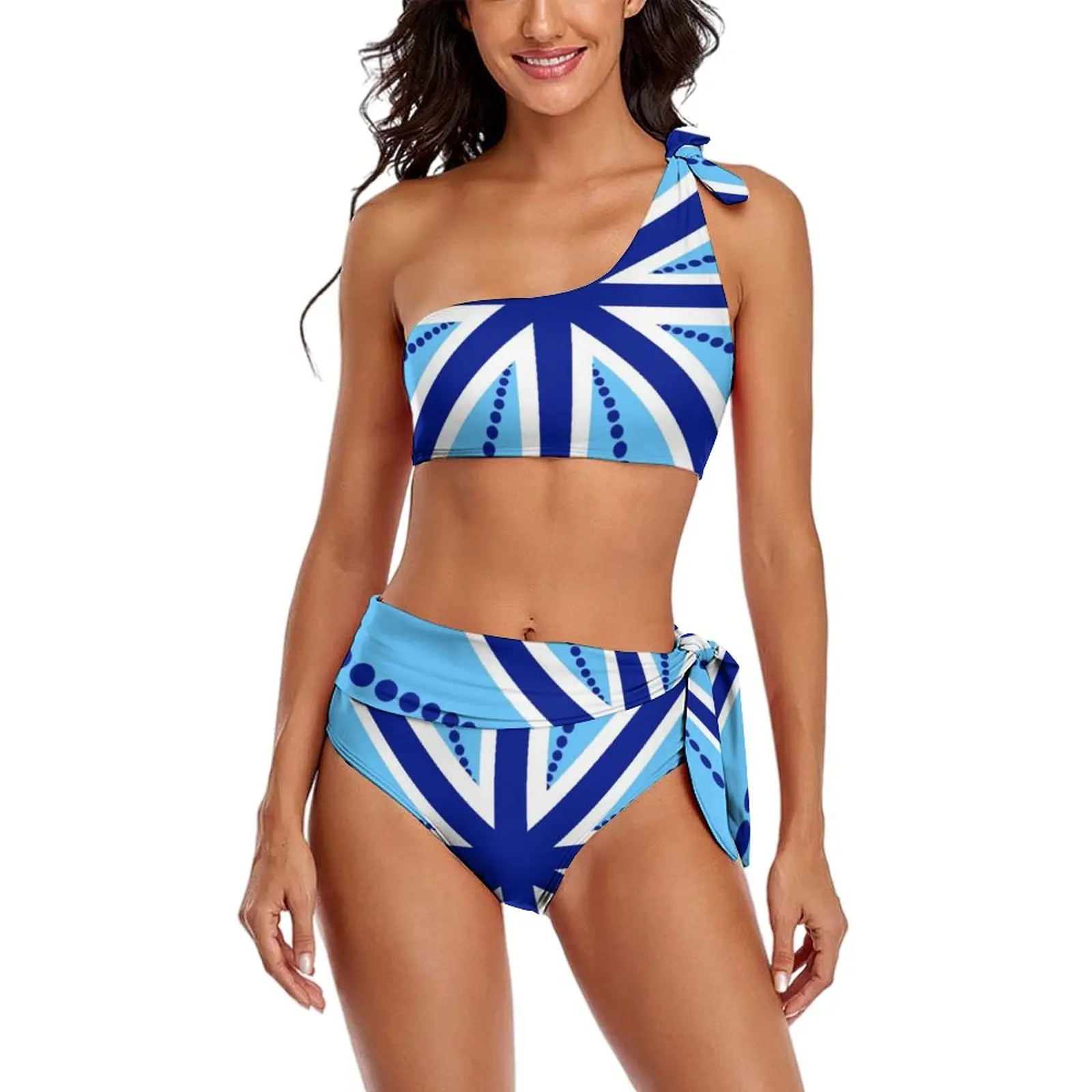 

Sexy Stripes And Dots Bikini Swimsuit Blue Flag Print Funny Swimwear High Waist Bikinis Set High Cut Feminine Bikinis Beach Wear