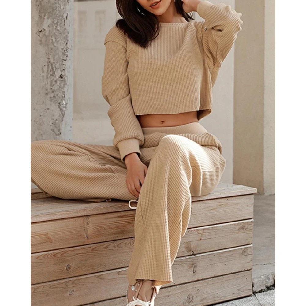 

Autumn Women Long Sleeve Round Neck Crop Top & High Waist Wide Leg Pants Set Causal Elegant 2 Peice Set Women Matching Sets