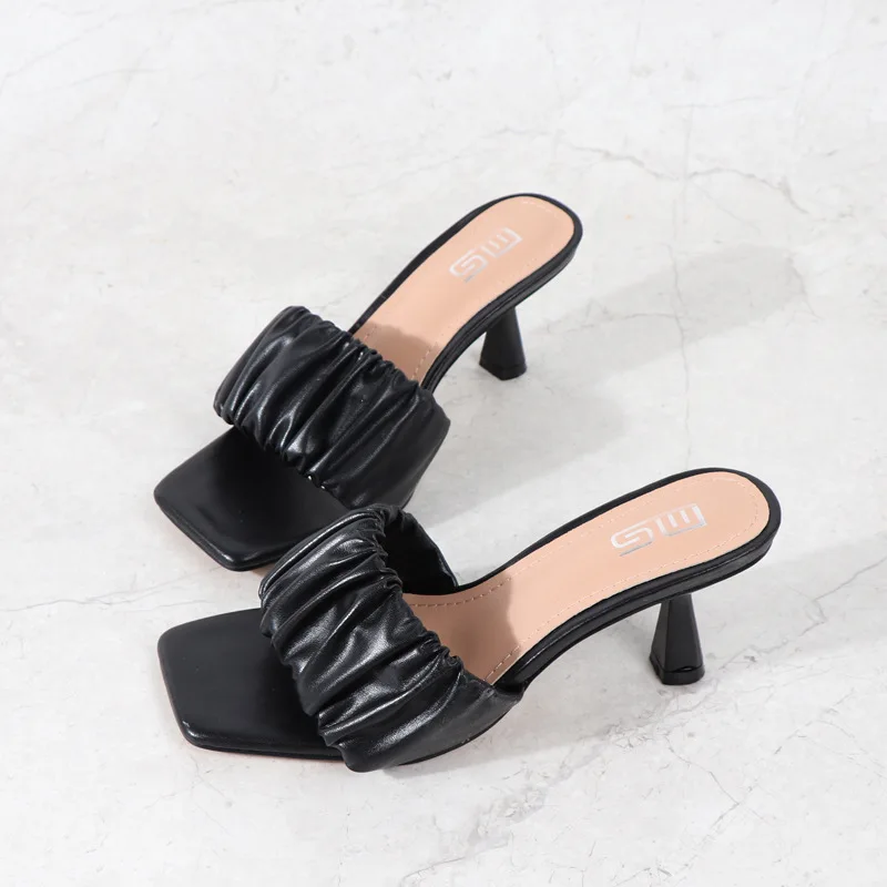 2023 Summer Sexy Women Pumps Outside Solid Pleated Ladies Slides 6cm High Heels for Female Sandals Casual Womans Modern Slippers
