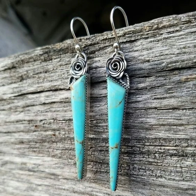 

Vintage Silver Color Flower Earrings Ancient Metal Inlaid Turquoise Hook Dangle Earrings for Women Jewelry