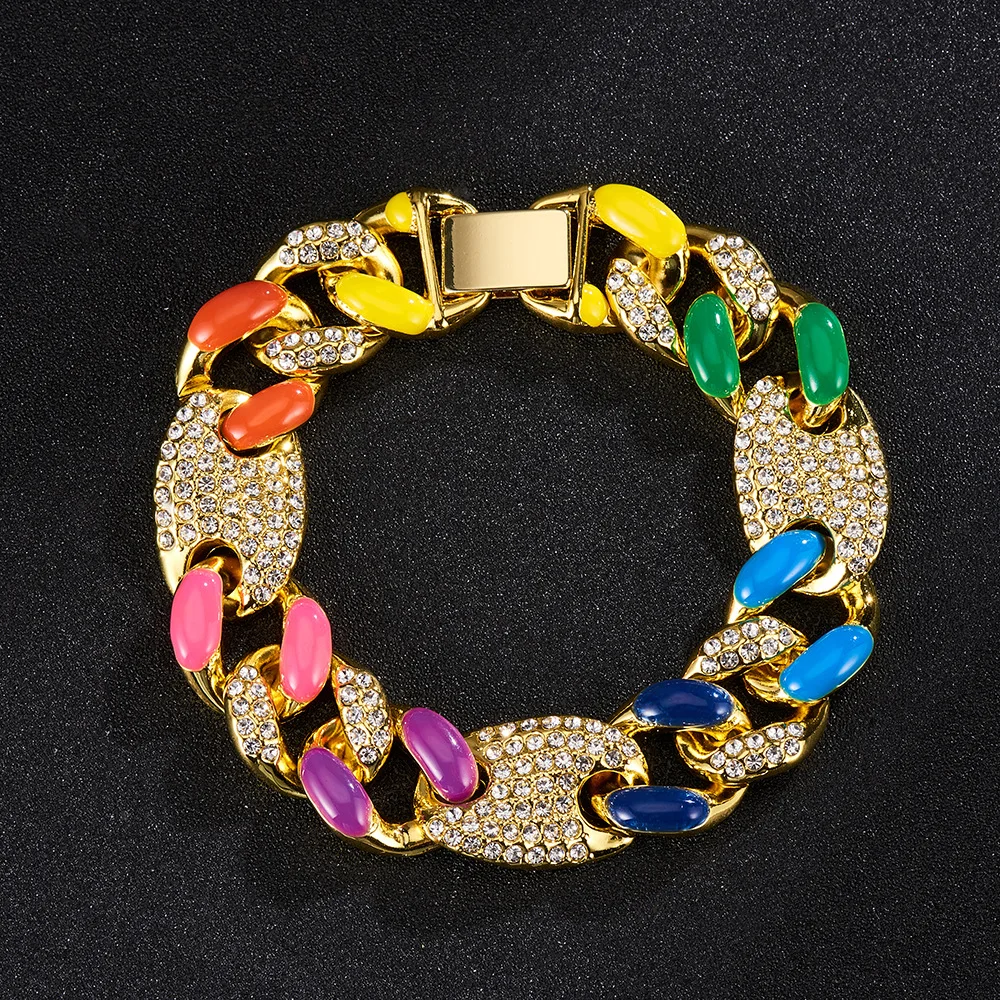 

13mm 20cm Multi-color Iced Out Rhinestoned Gold Color Drip Oil Coffee Beans Link Chain Bracelets Chain For Men Hip Hop Jewelry