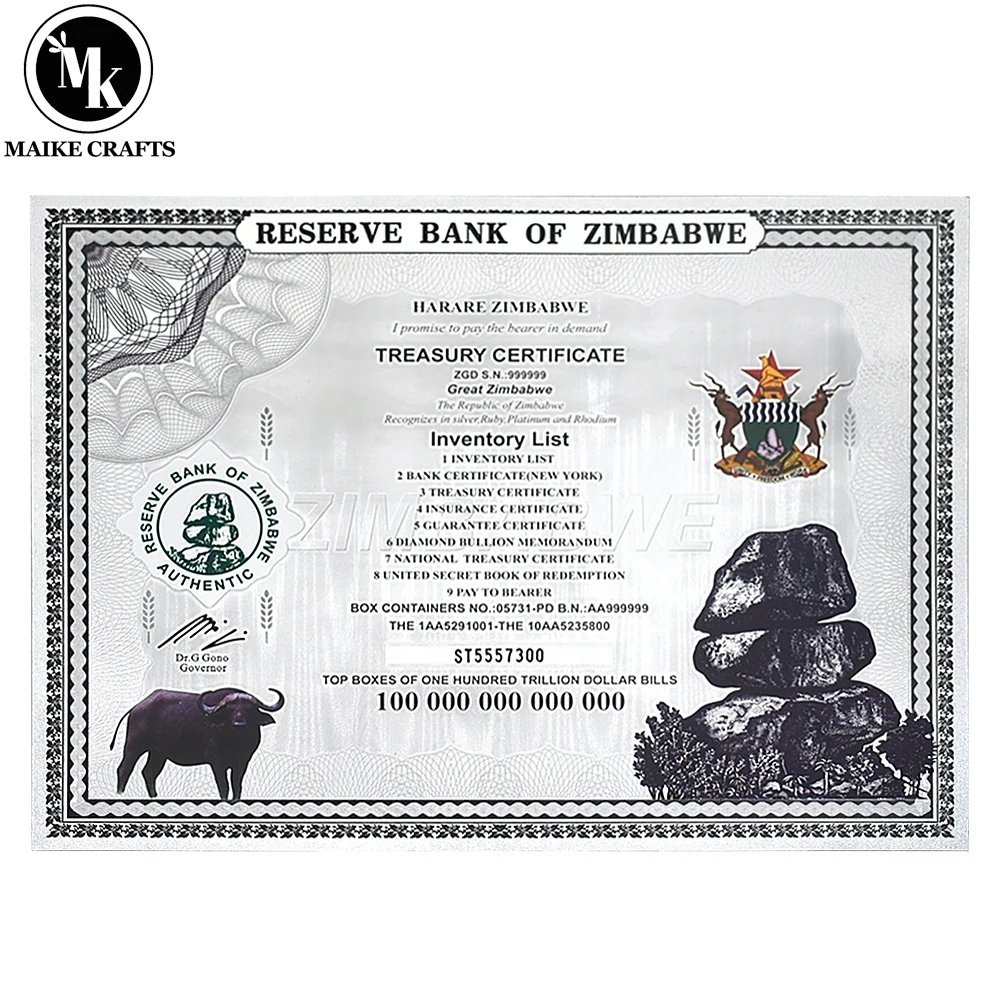 

Zimbabwe One Hundred Trillion Dollar Silver Banknotes Certificates Reel with UV Serial Number Money Collectible Business Gift